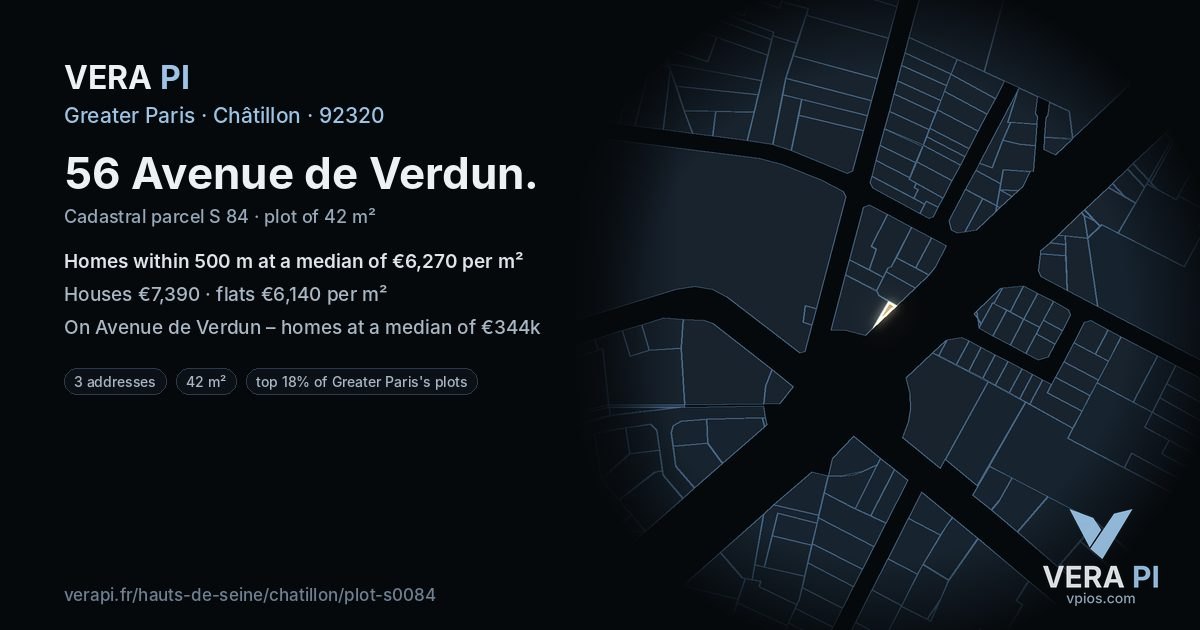 56 Avenue de Verdun, Châtillon at night – the plot lit, the parcels around coloured by the prices near them
