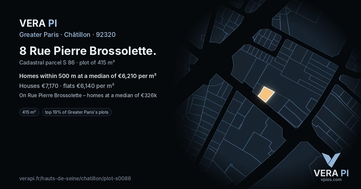 8 Rue Pierre Brossolette, Châtillon at night – the plot lit, the parcels around coloured by the prices near them