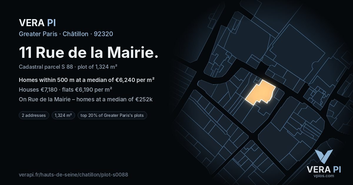 11 Rue de la Mairie, Châtillon at night – the plot lit, the parcels around coloured by the prices near them