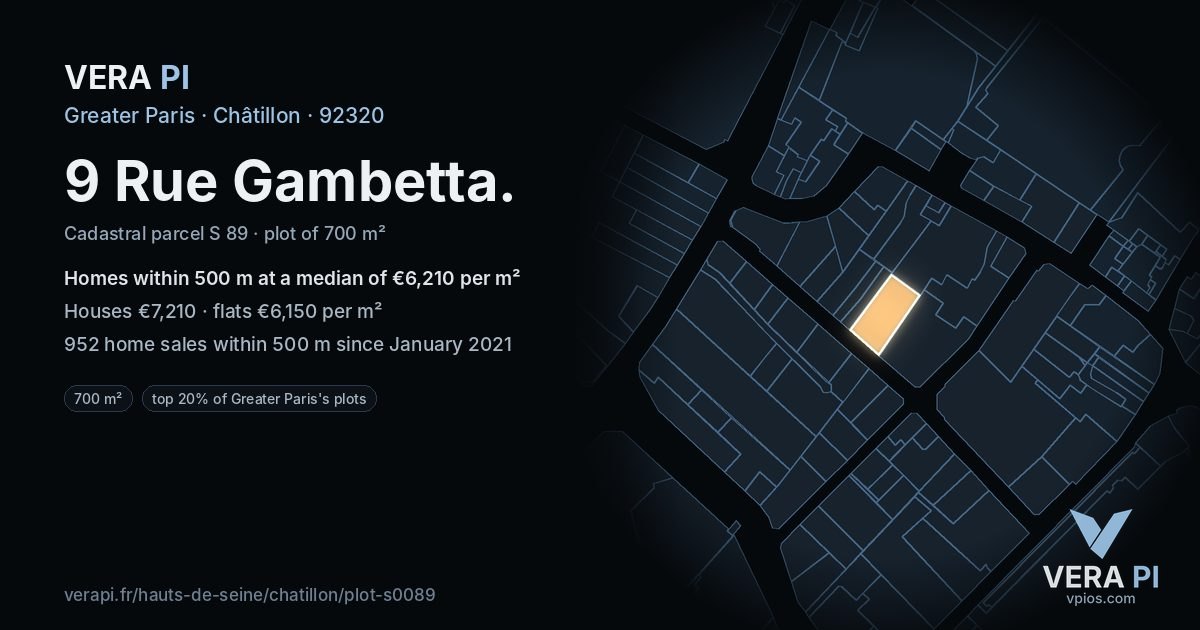 9 Rue Gambetta, Châtillon at night – the plot lit, the parcels around coloured by the prices near them