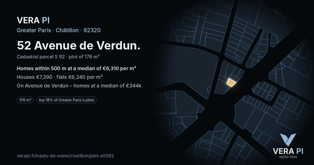 52 Avenue de Verdun, Châtillon at night – the plot lit, the parcels around coloured by the prices near them