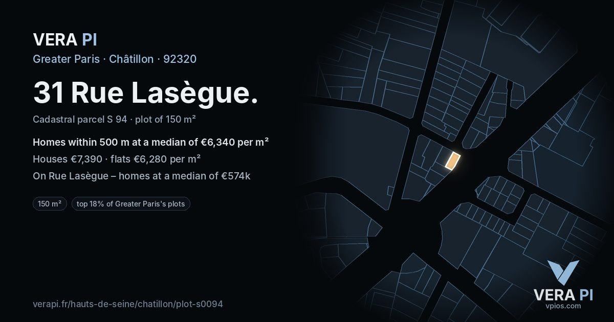 31 Rue Lasègue, Châtillon at night – the plot lit, the parcels around coloured by the prices near them