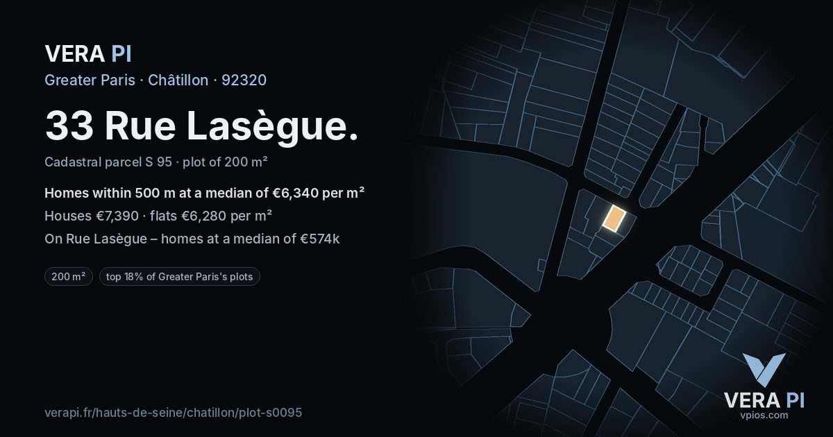 33 Rue Lasègue, Châtillon at night – the plot lit, the parcels around coloured by the prices near them