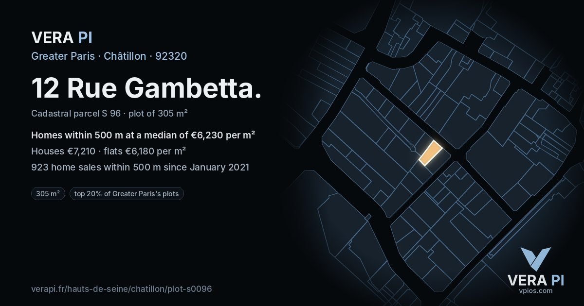 12 Rue Gambetta, Châtillon at night – the plot lit, the parcels around coloured by the prices near them