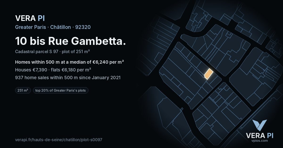 10 bis Rue Gambetta, Châtillon at night – the plot lit, the parcels around coloured by the prices near them
