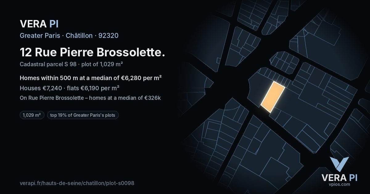 12 Rue Pierre Brossolette, Châtillon at night – the plot lit, the parcels around coloured by the prices near them