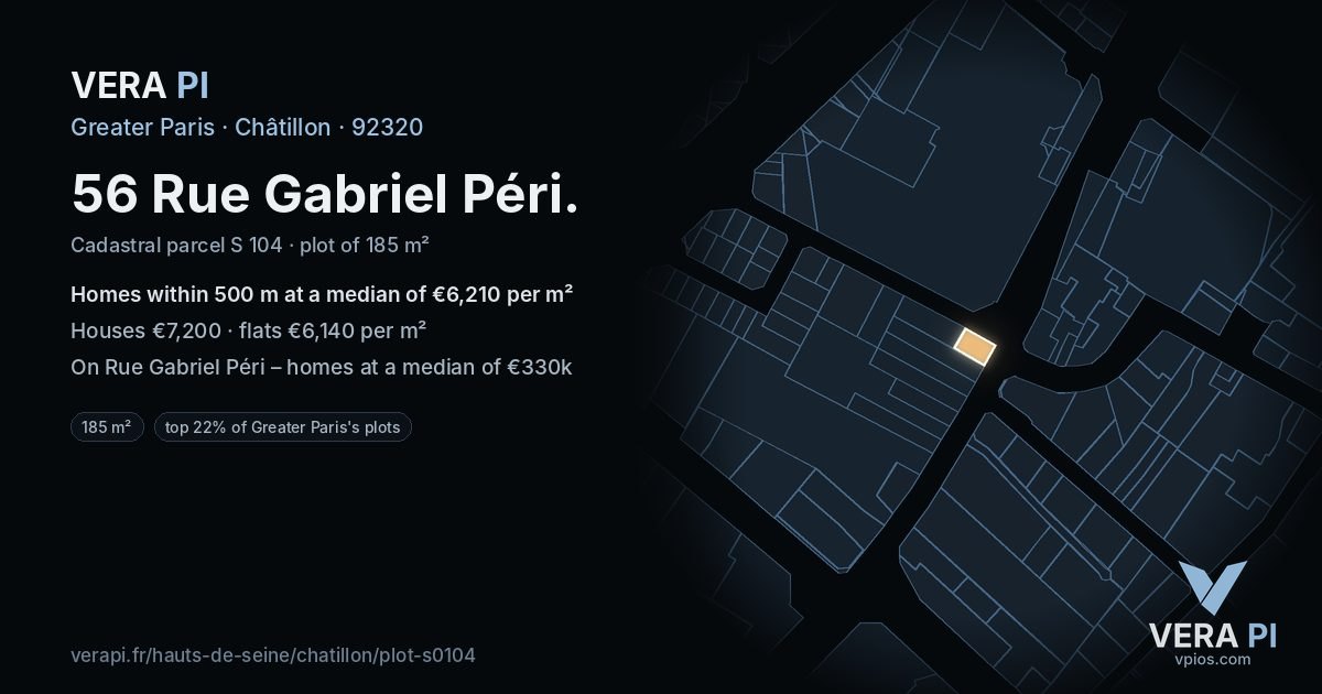 56 Rue Gabriel Péri, Châtillon at night – the plot lit, the parcels around coloured by the prices near them