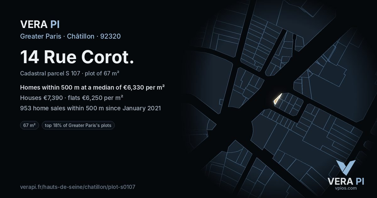 14 Rue Corot, Châtillon at night – the plot lit, the parcels around coloured by the prices near them