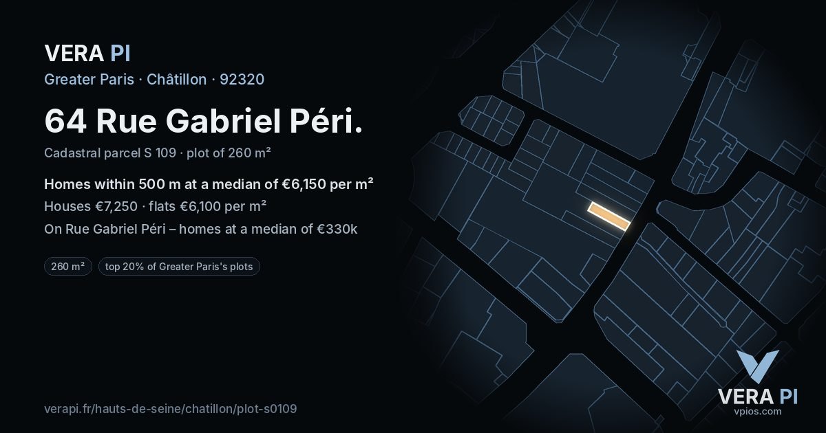 64 Rue Gabriel Péri, Châtillon at night – the plot lit, the parcels around coloured by the prices near them