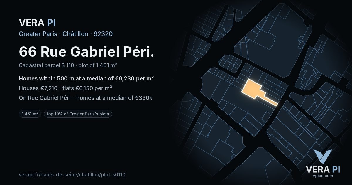 66 Rue Gabriel Péri, Châtillon at night – the plot lit, the parcels around coloured by the prices near them