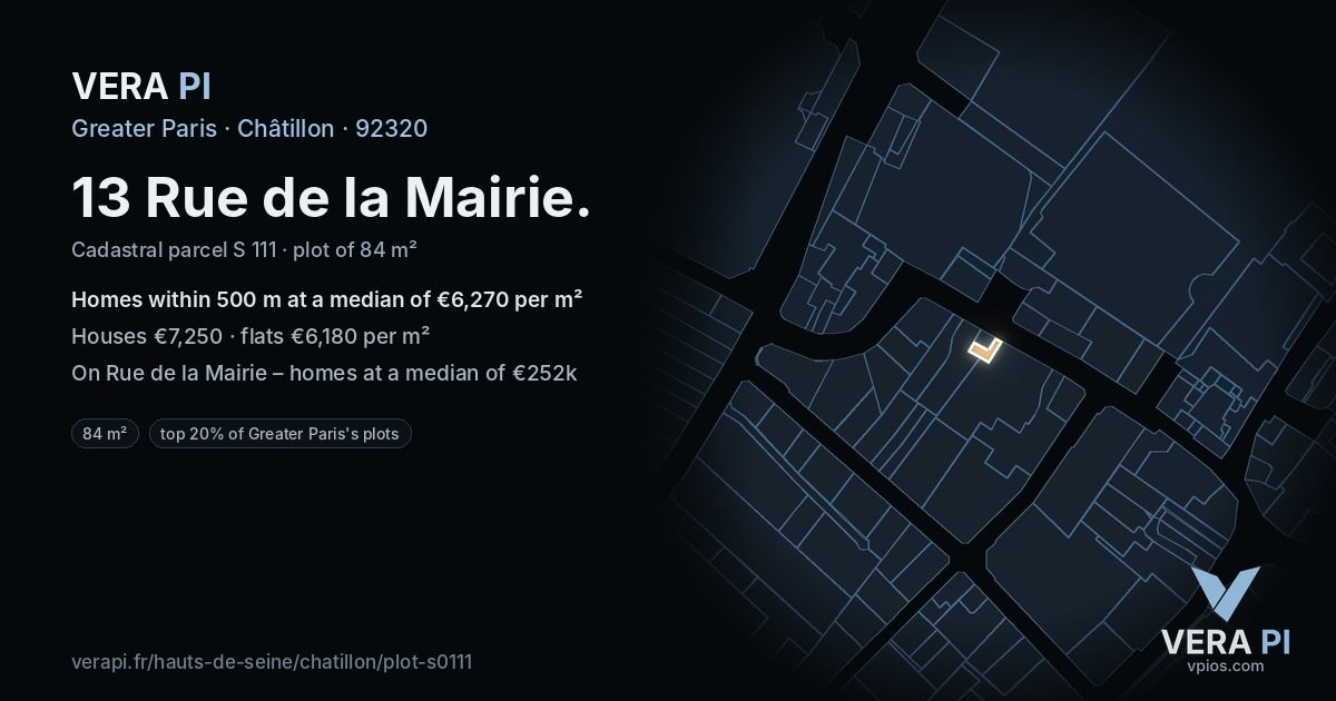 13 Rue de la Mairie, Châtillon at night – the plot lit, the parcels around coloured by the prices near them