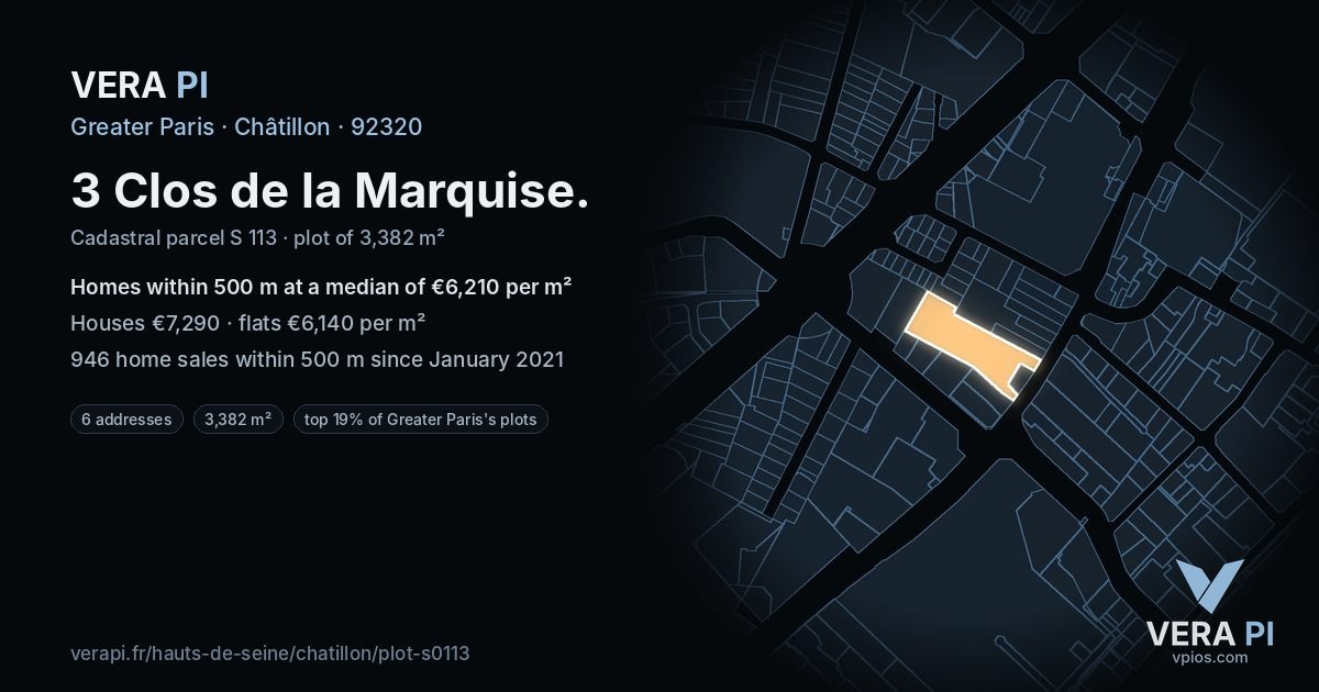 3 Clos de la Marquise, Châtillon at night – the plot lit, the parcels around coloured by the prices near them