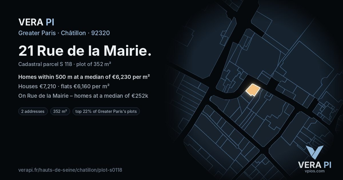 21 Rue de la Mairie, Châtillon at night – the plot lit, the parcels around coloured by the prices near them
