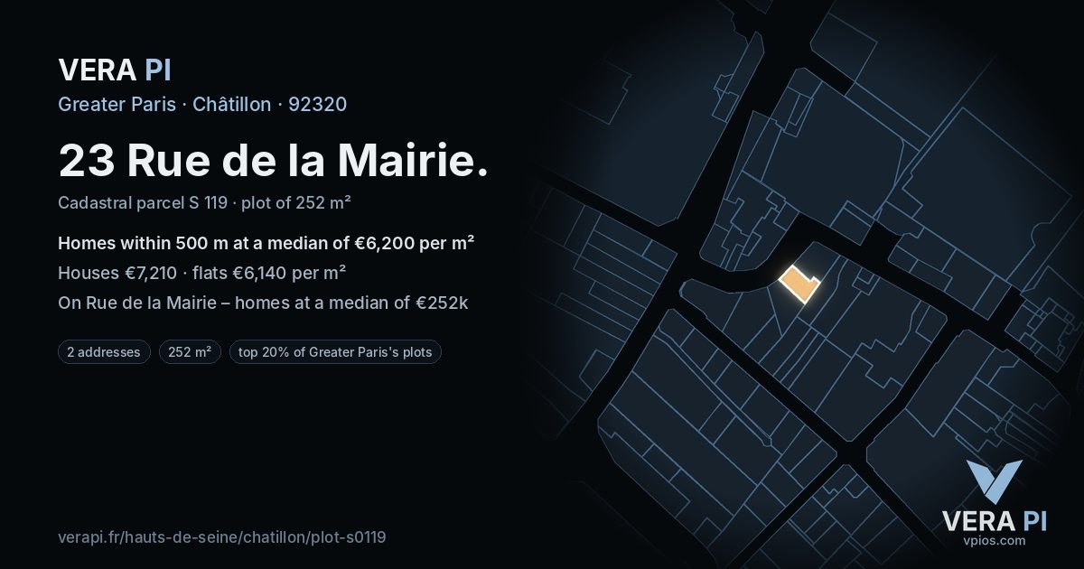 23 Rue de la Mairie, Châtillon at night – the plot lit, the parcels around coloured by the prices near them