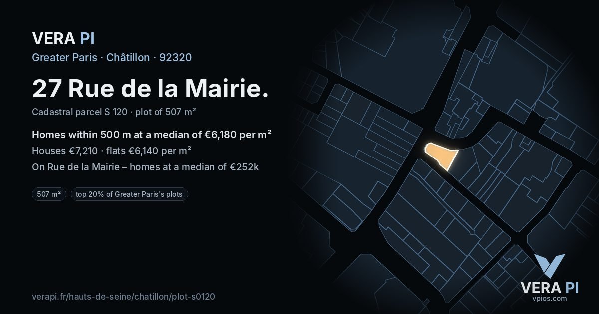 27 Rue de la Mairie, Châtillon at night – the plot lit, the parcels around coloured by the prices near them