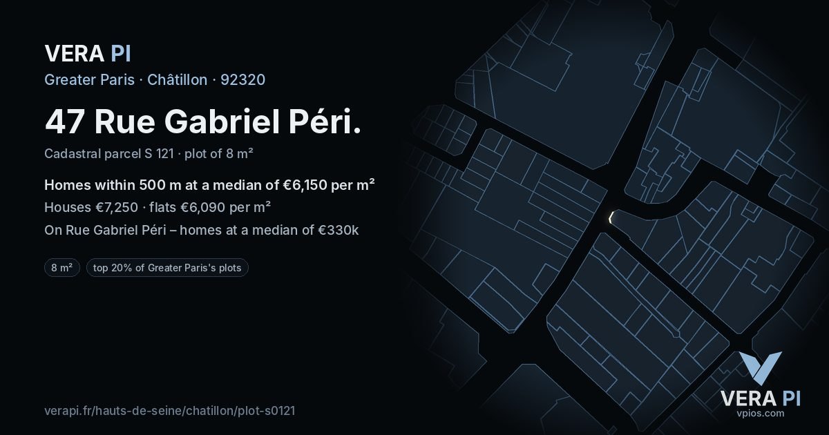 47 Rue Gabriel Péri, Châtillon at night – the plot lit, the parcels around coloured by the prices near them