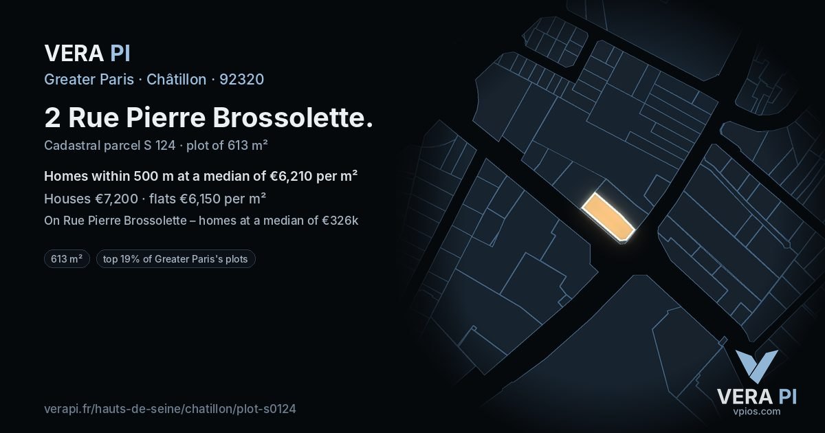 2 Rue Pierre Brossolette, Châtillon at night – the plot lit, the parcels around coloured by the prices near them
