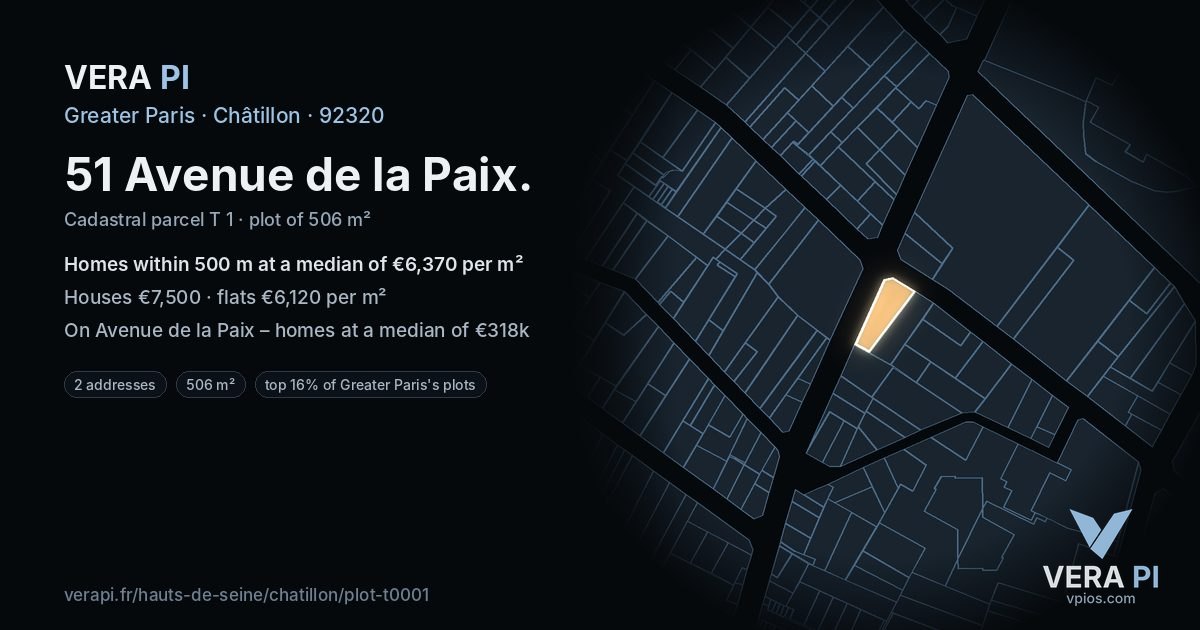 51 Avenue de la Paix, Châtillon at night – the plot lit, the parcels around coloured by the prices near them