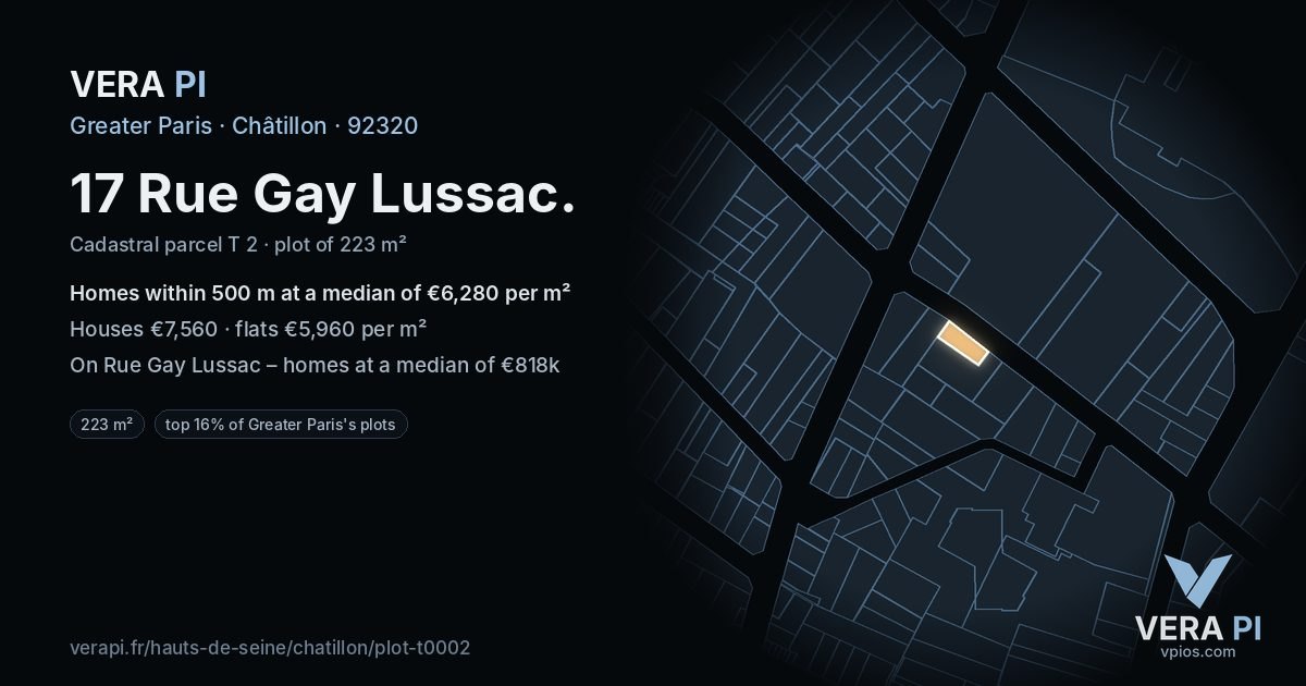 17 Rue Gay Lussac, Châtillon at night – the plot lit, the parcels around coloured by the prices near them