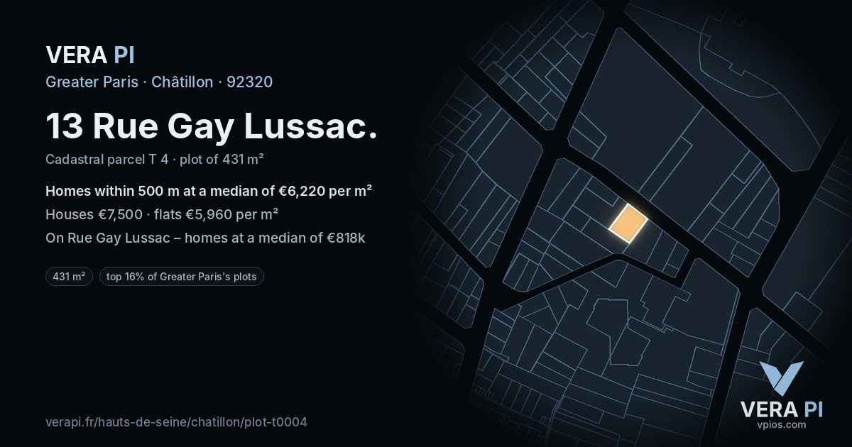 13 Rue Gay Lussac, Châtillon at night – the plot lit, the parcels around coloured by the prices near them