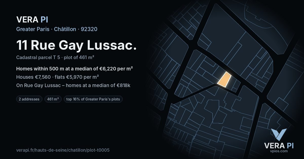 11 Rue Gay Lussac, Châtillon at night – the plot lit, the parcels around coloured by the prices near them