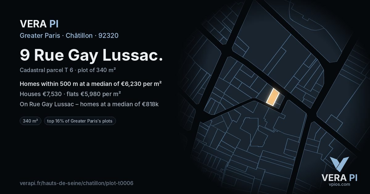 9 Rue Gay Lussac, Châtillon at night – the plot lit, the parcels around coloured by the prices near them