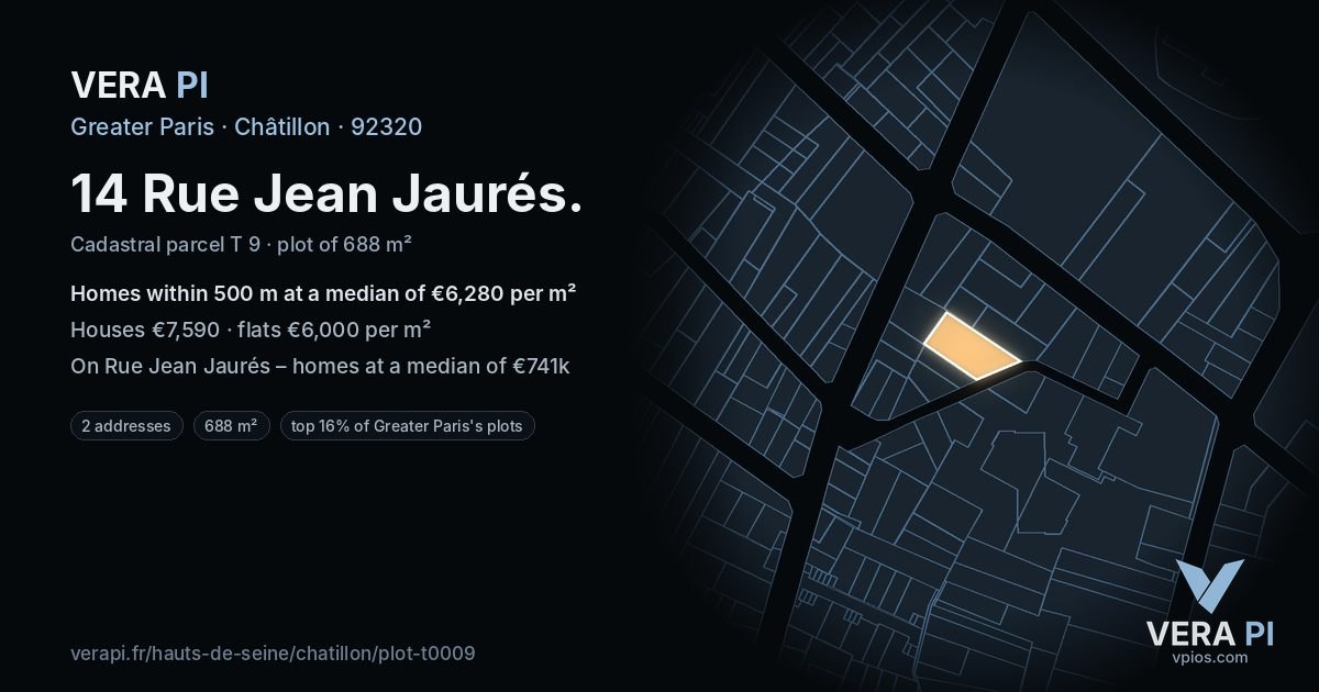 14 Rue Jean Jaurés, Châtillon at night – the plot lit, the parcels around coloured by the prices near them
