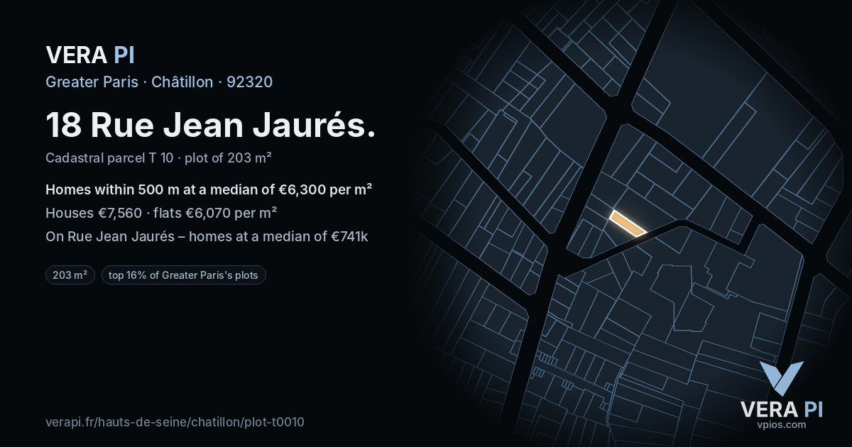 18 Rue Jean Jaurés, Châtillon at night – the plot lit, the parcels around coloured by the prices near them