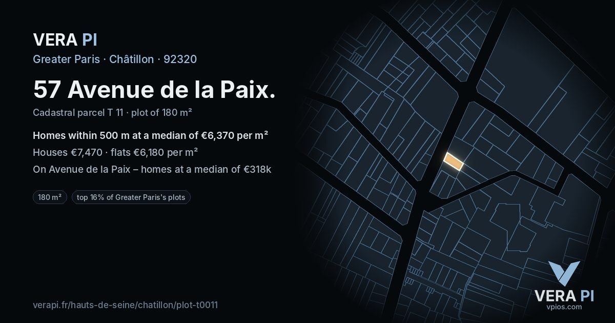 57 Avenue de la Paix, Châtillon at night – the plot lit, the parcels around coloured by the prices near them