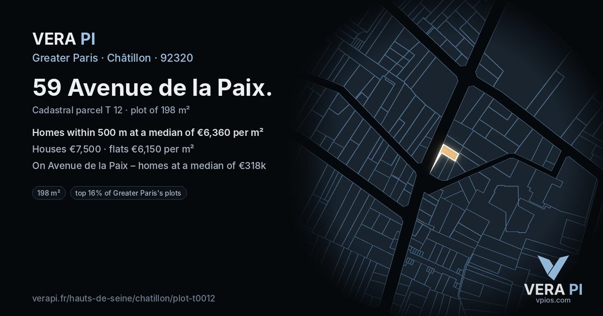 59 Avenue de la Paix, Châtillon at night – the plot lit, the parcels around coloured by the prices near them
