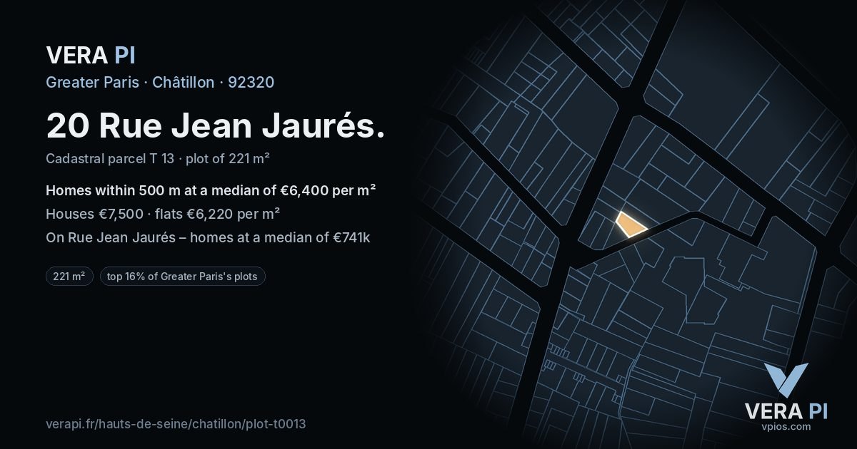20 Rue Jean Jaurés, Châtillon at night – the plot lit, the parcels around coloured by the prices near them