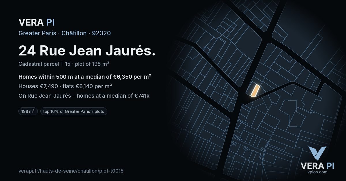 24 Rue Jean Jaurés, Châtillon at night – the plot lit, the parcels around coloured by the prices near them