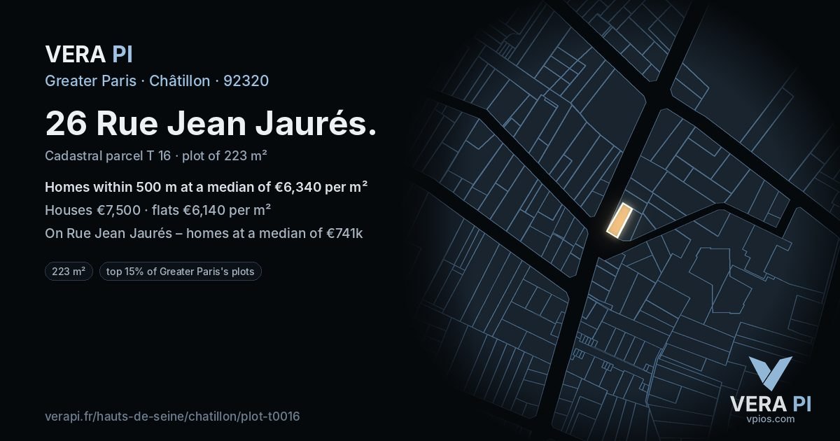 26 Rue Jean Jaurés, Châtillon at night – the plot lit, the parcels around coloured by the prices near them
