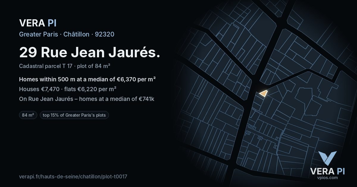 29 Rue Jean Jaurés, Châtillon at night – the plot lit, the parcels around coloured by the prices near them