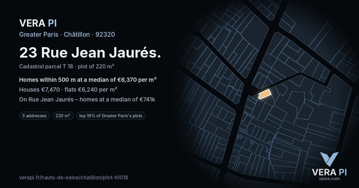 23 Rue Jean Jaurés, Châtillon at night – the plot lit, the parcels around coloured by the prices near them