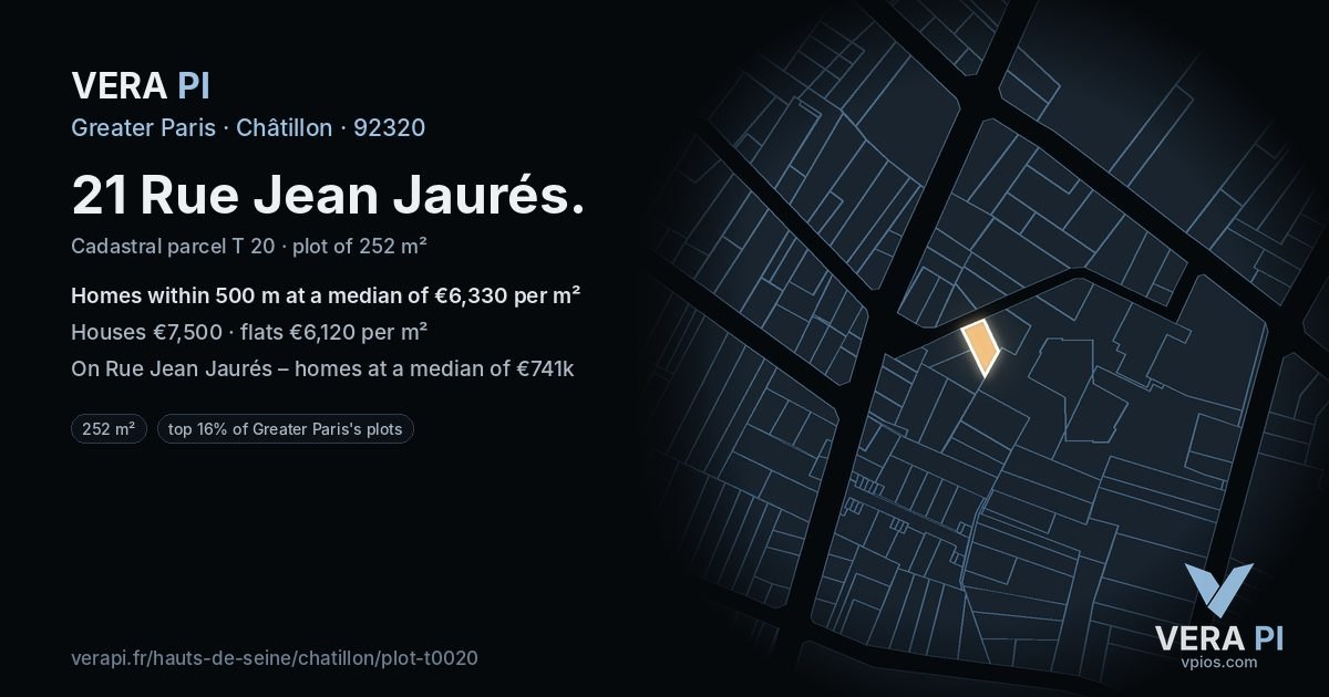 21 Rue Jean Jaurés, Châtillon at night – the plot lit, the parcels around coloured by the prices near them