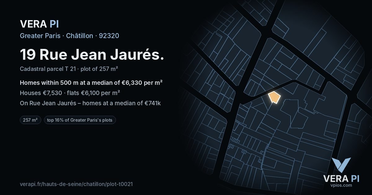 19 Rue Jean Jaurés, Châtillon at night – the plot lit, the parcels around coloured by the prices near them