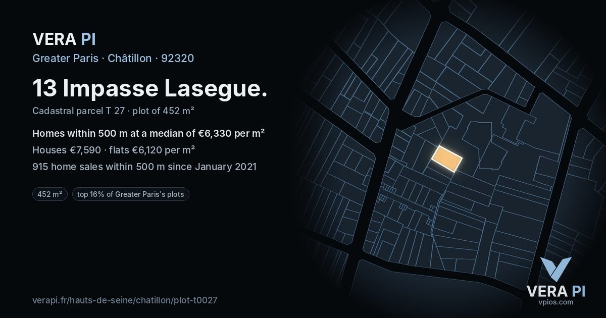 13 Impasse Lasegue, Châtillon at night – the plot lit, the parcels around coloured by the prices near them