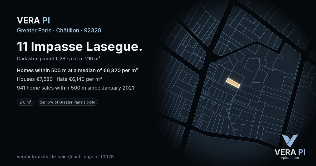 11 Impasse Lasegue, Châtillon at night – the plot lit, the parcels around coloured by the prices near them