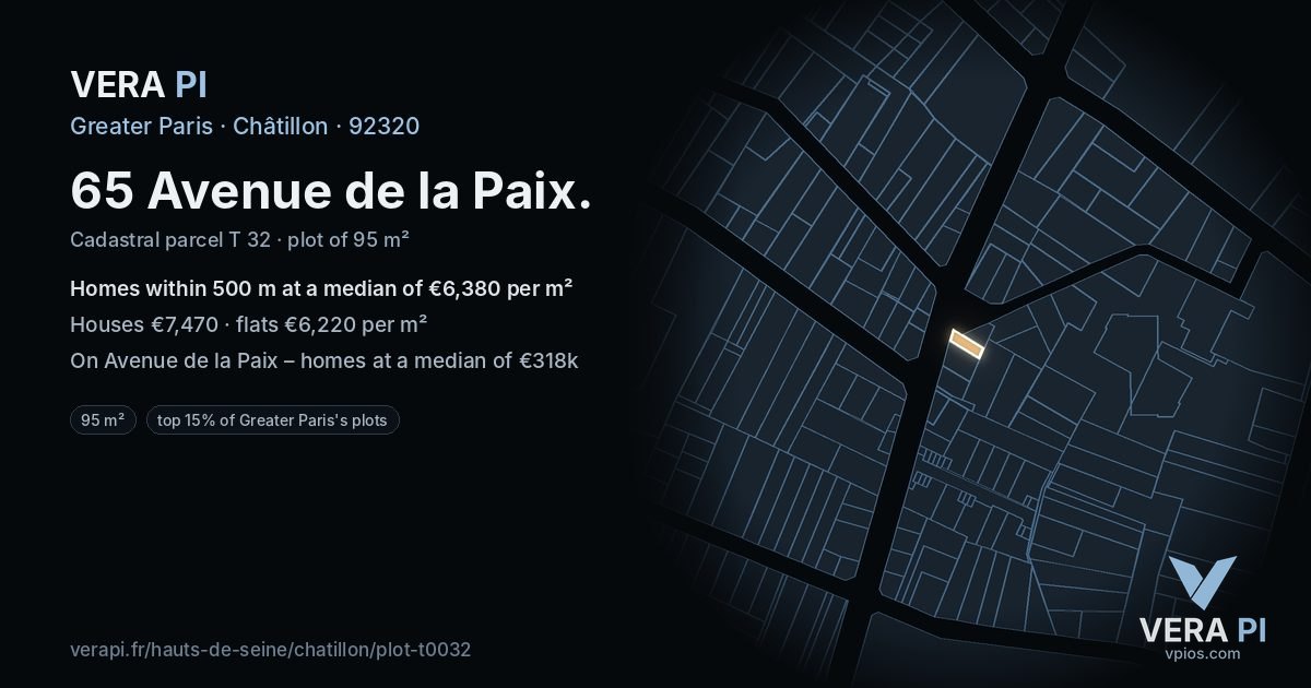 65 Avenue de la Paix, Châtillon at night – the plot lit, the parcels around coloured by the prices near them