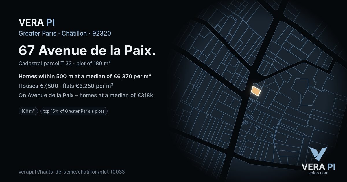 67 Avenue de la Paix, Châtillon at night – the plot lit, the parcels around coloured by the prices near them
