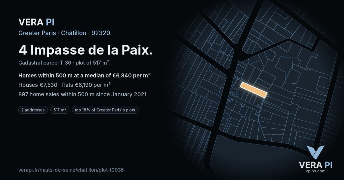 4 Impasse de la Paix, Châtillon at night – the plot lit, the parcels around coloured by the prices near them