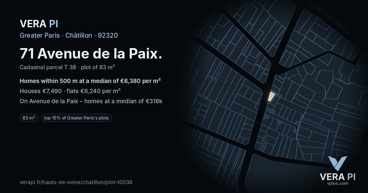 71 Avenue de la Paix, Châtillon at night – the plot lit, the parcels around coloured by the prices near them
