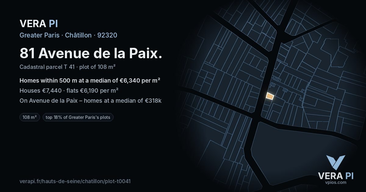 81 Avenue de la Paix, Châtillon at night – the plot lit, the parcels around coloured by the prices near them