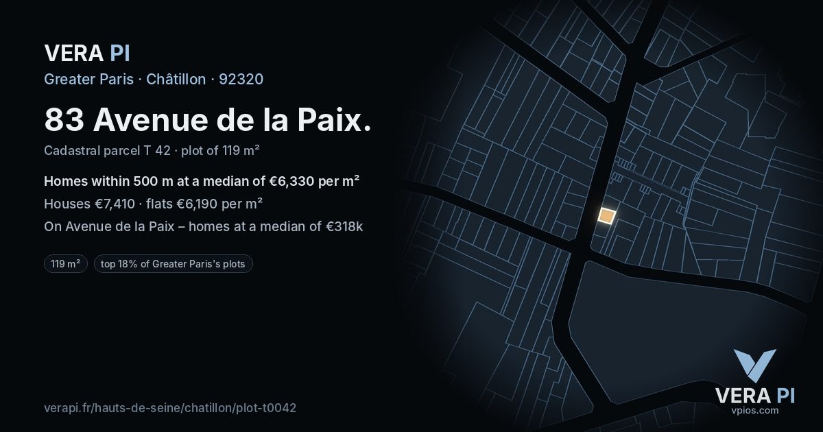 83 Avenue de la Paix, Châtillon at night – the plot lit, the parcels around coloured by the prices near them