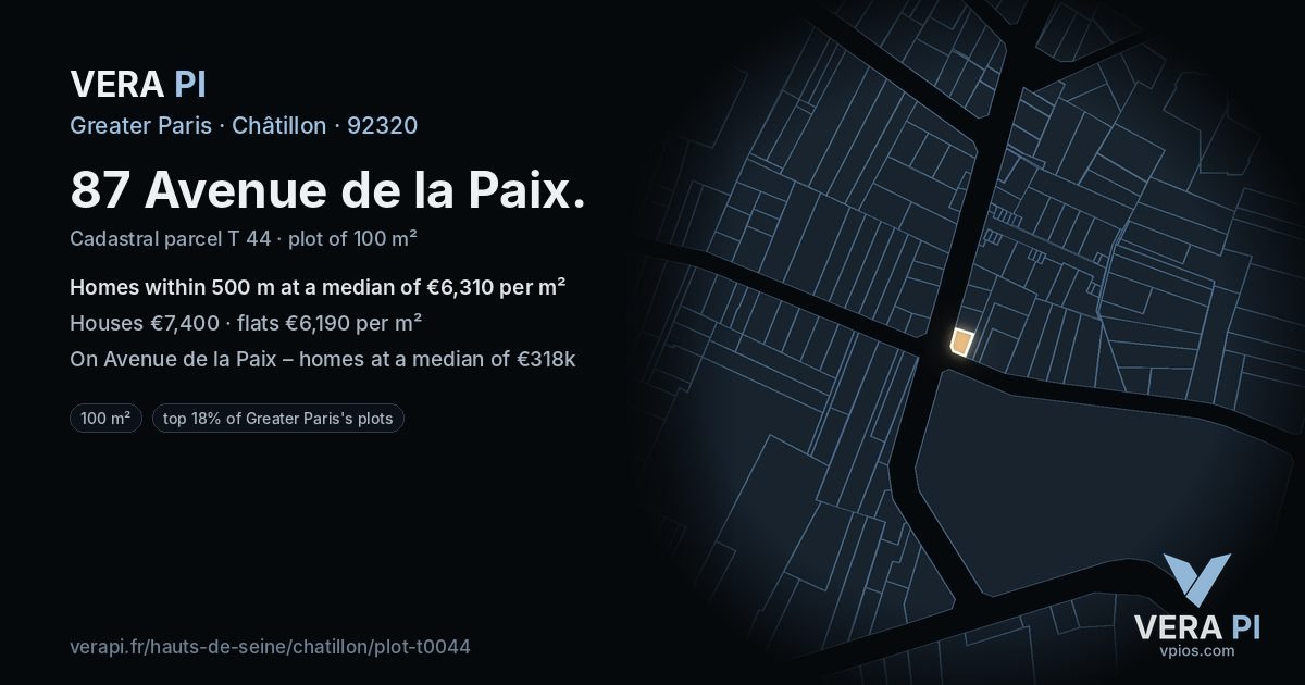 87 Avenue de la Paix, Châtillon at night – the plot lit, the parcels around coloured by the prices near them