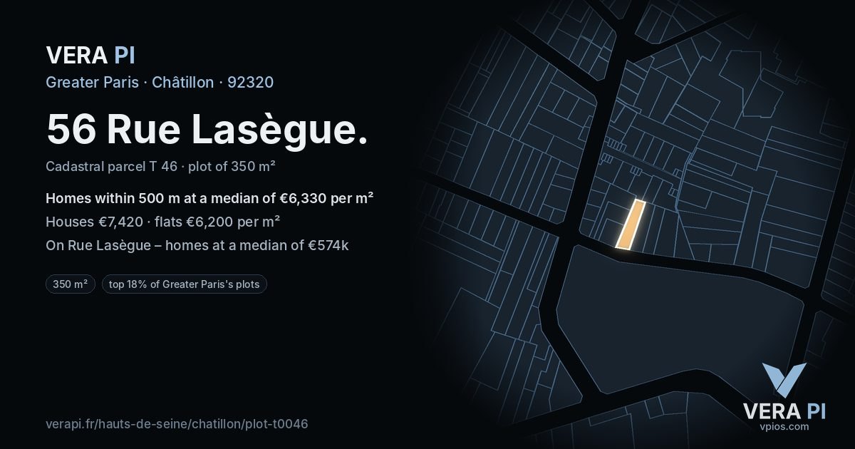 56 Rue Lasègue, Châtillon at night – the plot lit, the parcels around coloured by the prices near them