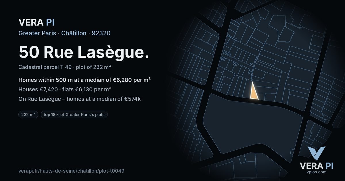 50 Rue Lasègue, Châtillon at night – the plot lit, the parcels around coloured by the prices near them