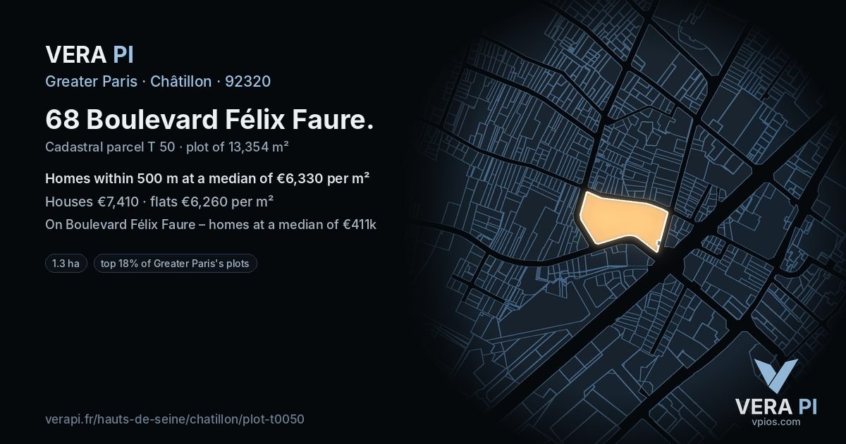 68 Boulevard Félix Faure, Châtillon at night – the plot lit, the parcels around coloured by the prices near them