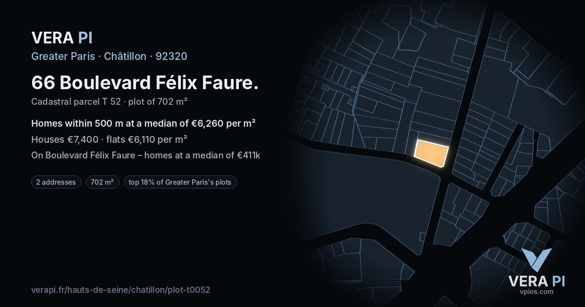 66 Boulevard Félix Faure, Châtillon at night – the plot lit, the parcels around coloured by the prices near them